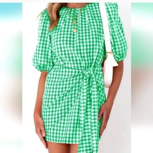 NWT Casual Summer Plaid Crewneck Lantern Sleeve Wrap Tie Waist Short Midi Dress